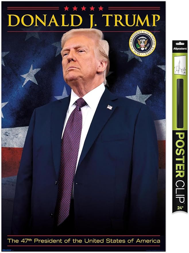 President Donald Trump - 47th President Wall Poster, 34L" x 22.4W", Premium Poster & Clip Bundle
