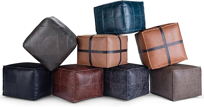 SIMPLIHOME Sheffield Square Pouf - 18 inch Wide Genuine Leather Ottoman in Brown, Boho-Style Footrest, Extra Seating, or Accent Piece for Living Room or Bedroom, Assembled