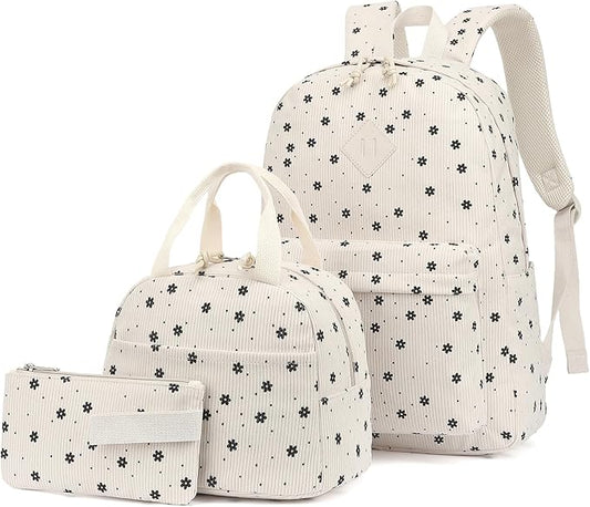 Corduroy Girls Backpack Set, 3PCS School Backpacks for Kids Elementary Middle School Bags with Lunch Box Pencil Case (Beige Corduroy Flowers)
