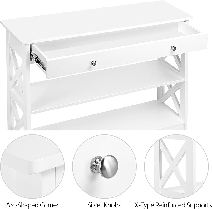 Yaheetech Console Table with Drawer, 3-Tier Entryway Table with Storage Shelves, Wood Narrow Sofa Table for Entryway/Hallway/Living Room, White