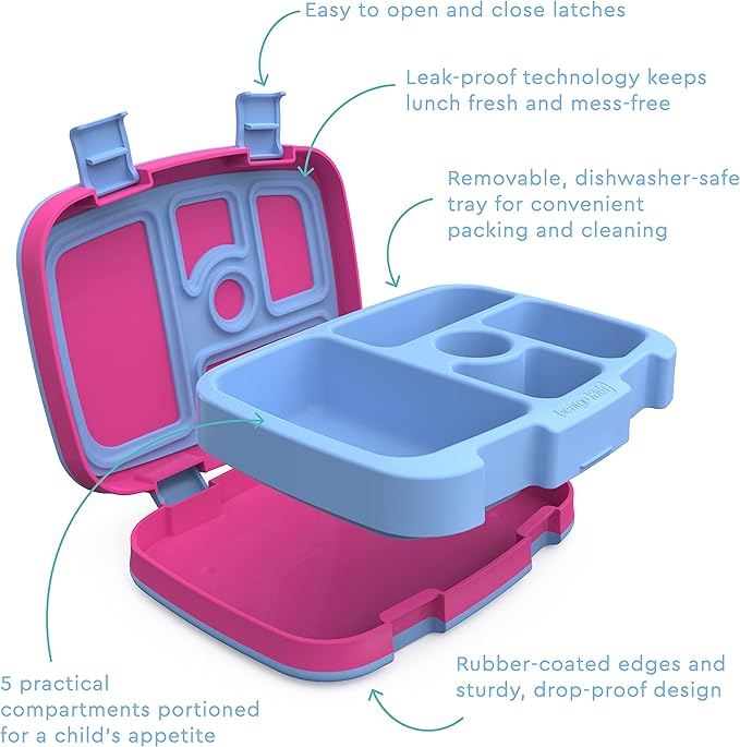 Bentgo® Kids Prints 5-Compartment Bento-Style Kids Lunch Box Set with Reusable Plastic Utensils (Rainbows and Butterflies)