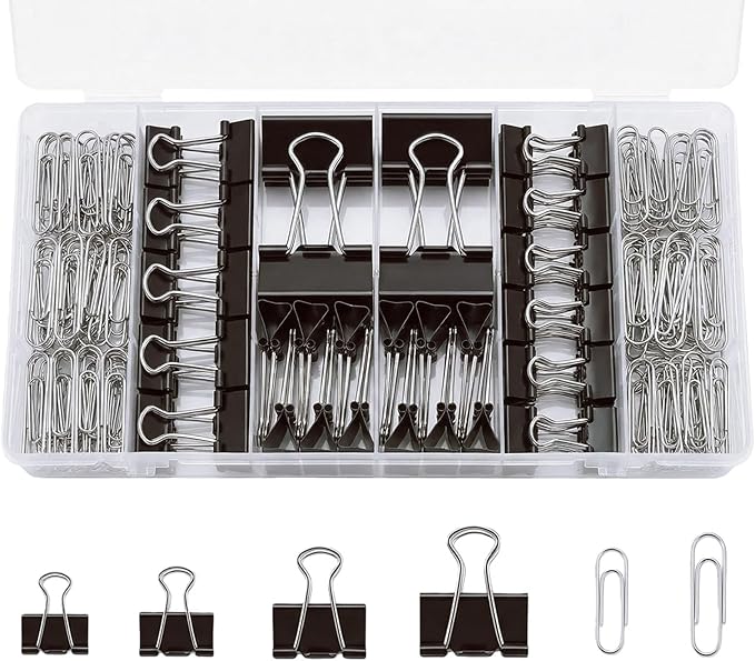 276Pcs Paper Clips and Binder Clips Assorted Sizes，Black Binder Paper Clips Office Clips Office Supplies, Large Medium Small Paper Clamps PaperClips for Home School Business in a Container (Black)