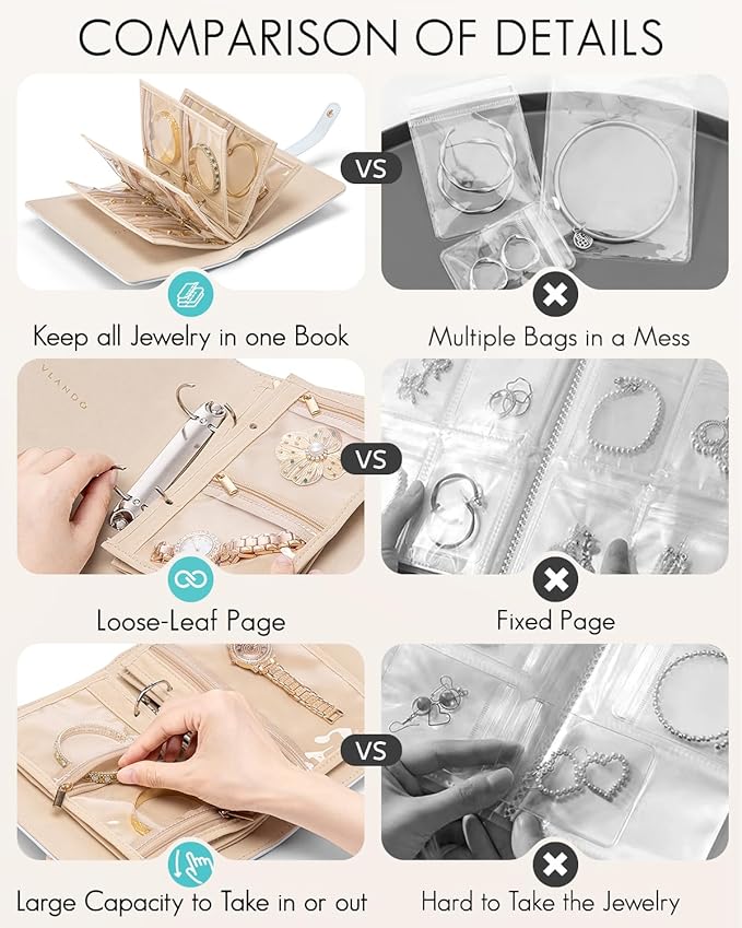 Vlando Travel Jewelry Organizer Case, Foldable Jewelry Bags Jewelry Storage Book Ring Binder with Clear Zipper Velvet Pouch Bag for Travel Essentials,Rings,Necklace,Earrings,Bracelets-Blue