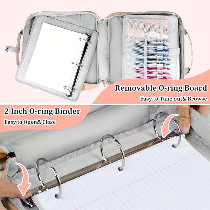 3 Ring Zipper Binder Bag 2 Inch with Shoulder Strap, Waterproof Nylon Binder with Zipper for 500 Sheet Capacity, Multi-Pocket Portfolio Organizer Case for 13 Inch Laptop Middle School (Peach)