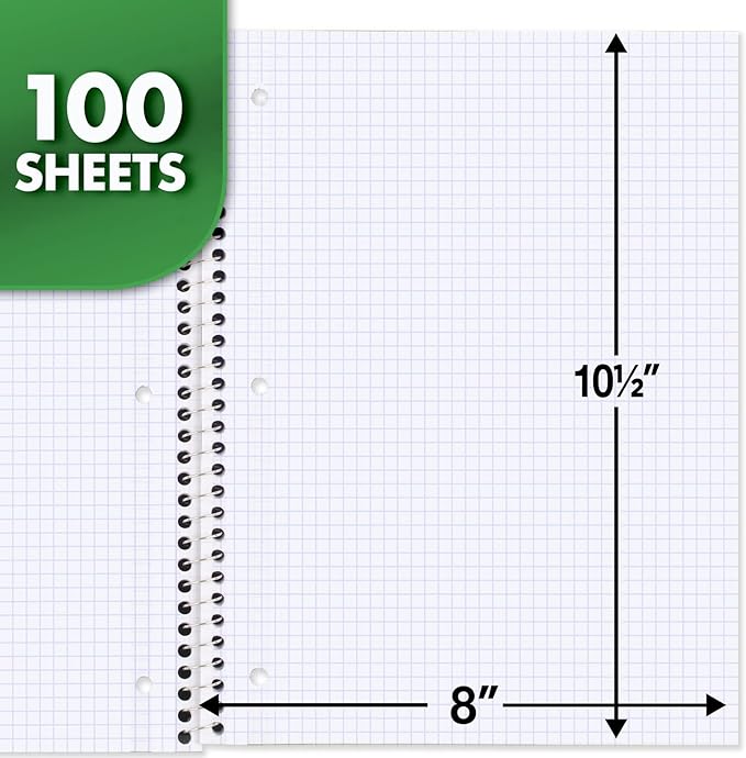 Mead Spiral Notebook, 1 Subject, Graph Ruled Paper, 7-1/2" x 10-1/2", 100 Sheets, Black (05676AA5)