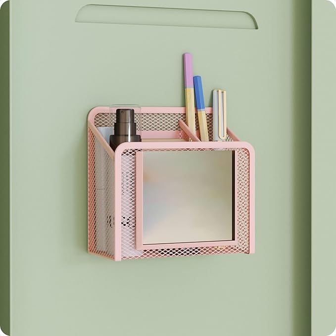 U Brands Peachy Pink Magnetic Locker Cup with Mirror, Locker Mirror with Pencil Holder, Magnetic Organizer for School Lockers, 5" x 2.4" x 4.75"