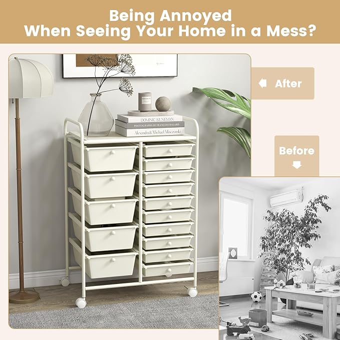 COSTWAY 15 Drawer Rolling Storage Cart, Mobile Utility Cart with Lockable Wheels, Drawers, Multipurpose Organizer Cart for Home, Office, School, White