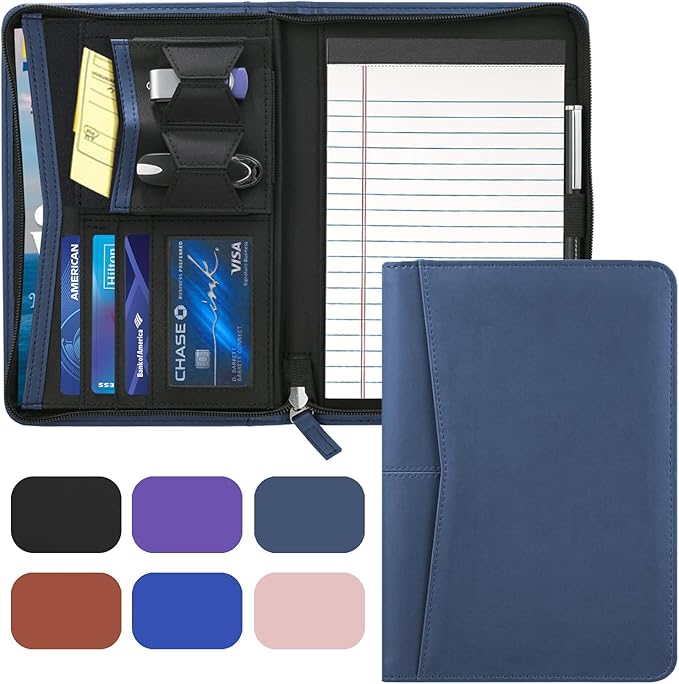 Small Portfolio Organizer, A5 Zippered Business Portfolio, Junior Padfolio Folder Binder for Women & Men, 5 x 8 Writing Pad Included, Navy Blue