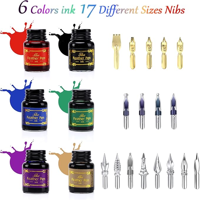 Quill Feather Pen and Ink Set, Calligraphy Pen Glass Dip Pen and Wax Seal Stamp Kit (Navy Blue)