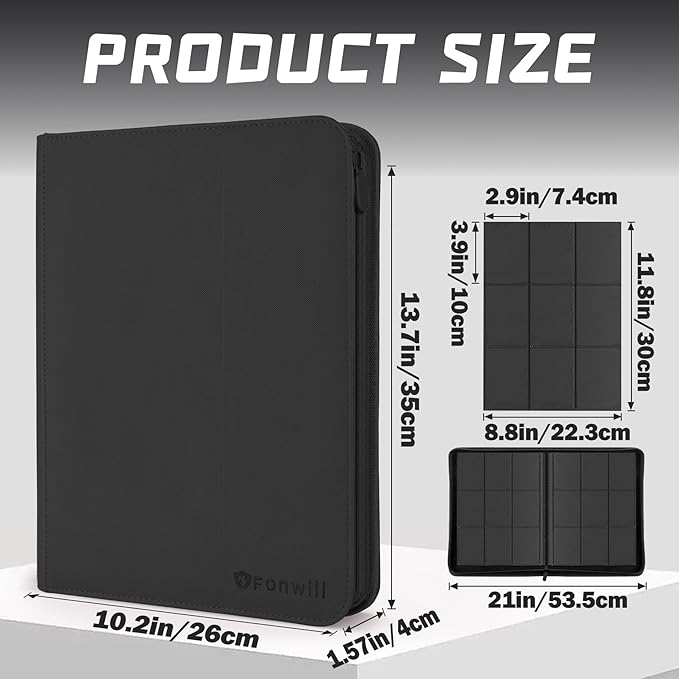 Trading Card Binder 9 Pocket, 360 Pockets Trading Card Holder Book, Premium PU Cover Zip Folder Binder, Side Loading Carrying Case Binder Album for TCG, MTG,Sports Cards, Game Cards (Black)