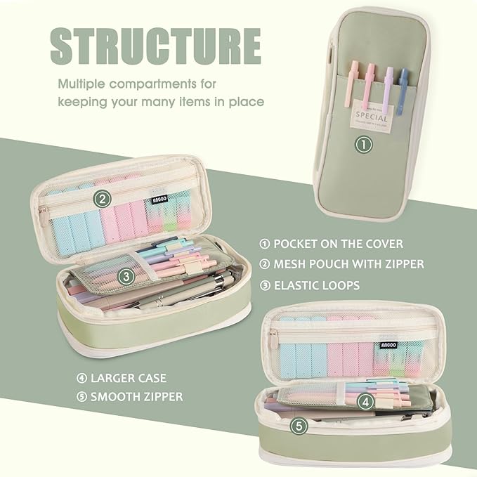 39PCS Aesthetic School Supplies with Cute Pencil Case, 5X Ballpoint Pens with Stylus Tip, 12X Pastel Highlighters, 6X Mechanical Pencil Set 0.5&0.7mm, Suit for Preppy School College Essentials(green)