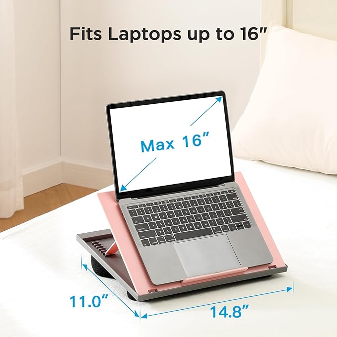 HUANUO Adjustable Lap Desk - with 8 Adjustable Angles & Dual Cushions Laptop Stand for Car Laptop Desk, Work Table, Lap Writing Board & Drawing Desk on Sofa or Bed, Pink