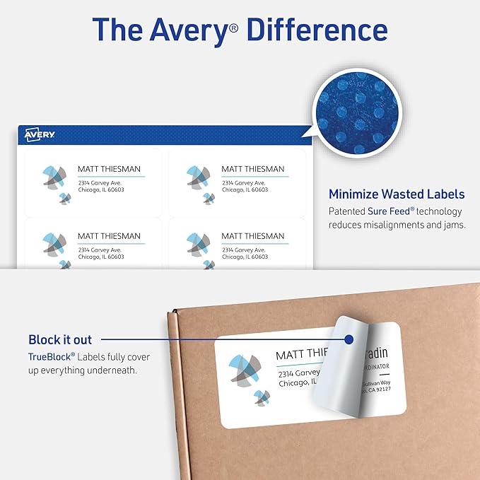 Avery Printable Shipping Labels with Sure Feed, 2" x 4" Customizable Stickers, White, 1,000 Blank Mailing Labels, Great for Mailing, Shipping, and More (8463)