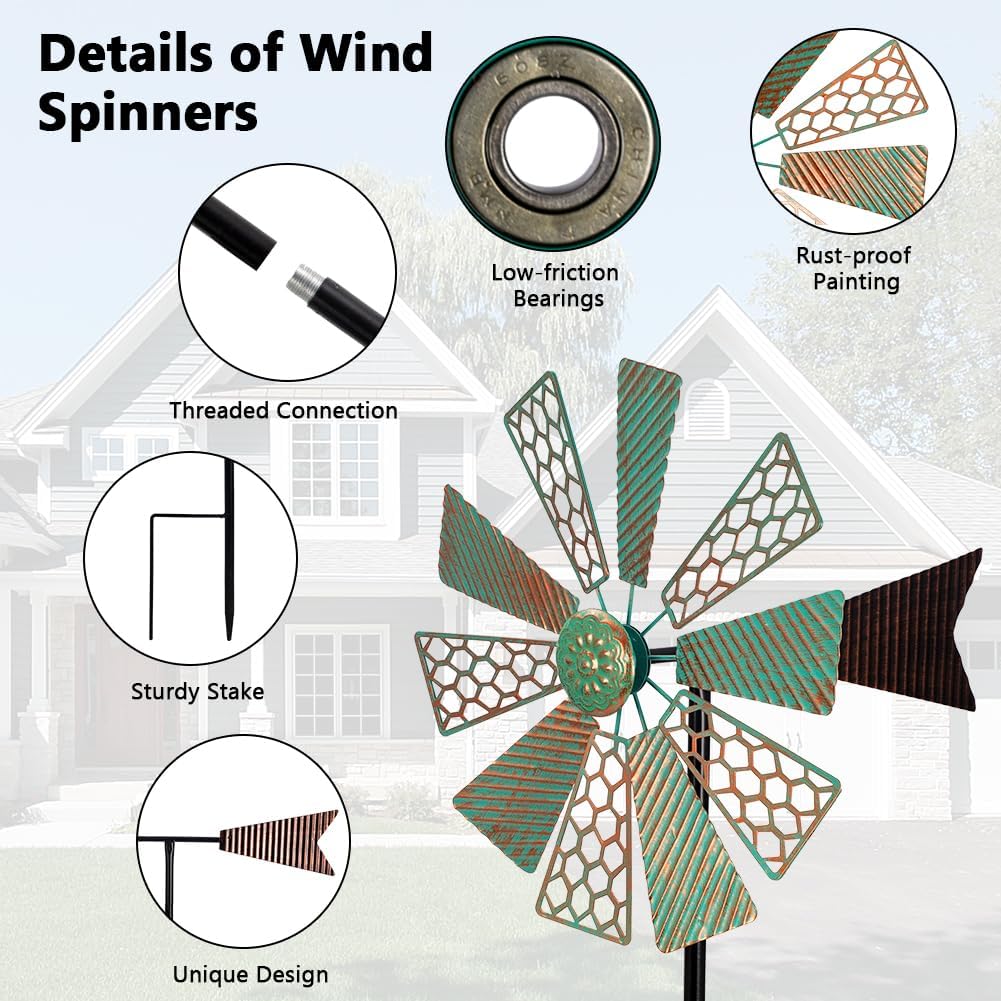 Viveta Wind Spinners Outdoor,13”Kinetic Wind Spinner Metal Vintage Windmill for Outdoor Garden Patio Yard Decor,Green