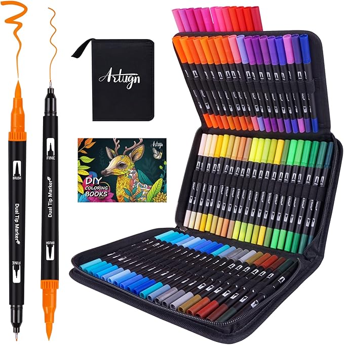 Dual Markers Brush Pens for Adult Coloring Books, 72 Colors Art Marker Set with Fine & Brush Tip Pen for Bullet Journaling, Coloring, Drawing, Hand Lettering, Calligraphy, Art Supplies
