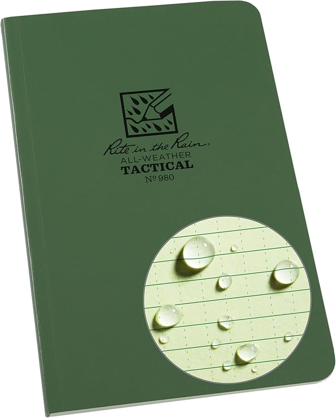 Rite in the Rain Weatherproof Green Book, 4.625” x 7”, Tactical Green Soft Cover, Universal Pattern with Army Reference Material (No. 980)
