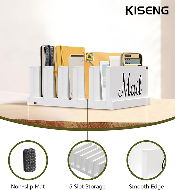 Mail Organizer for Desk,Wooden Mail Holder with Divider, 5-Slot Letter Sorter File Holder,Vertical Bill Organizer for Desktop Document/Notebook/Filing/Folders/Paper