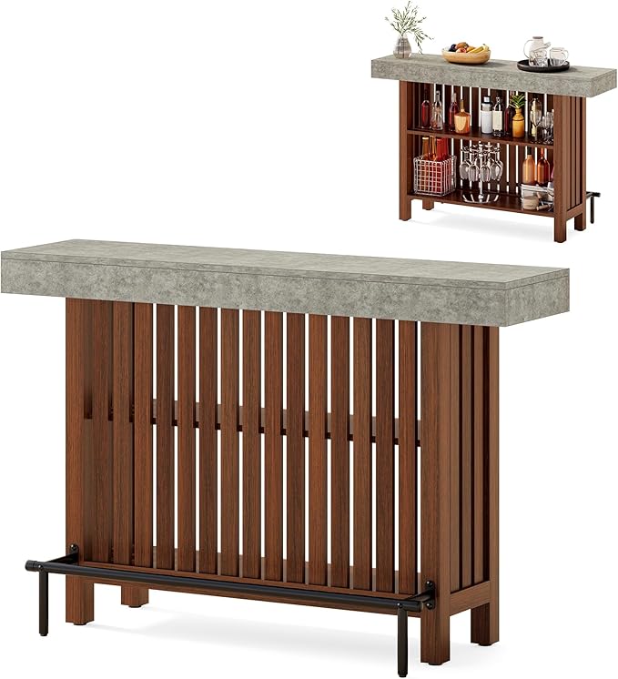 LITTLE TREE 63-Inch Home Bar Table, 2-Tier Storage Shelf Mini Bar Unit, Kitchen Pub Table, Small Indoor Bar Counter, Grey + Rustic Brown