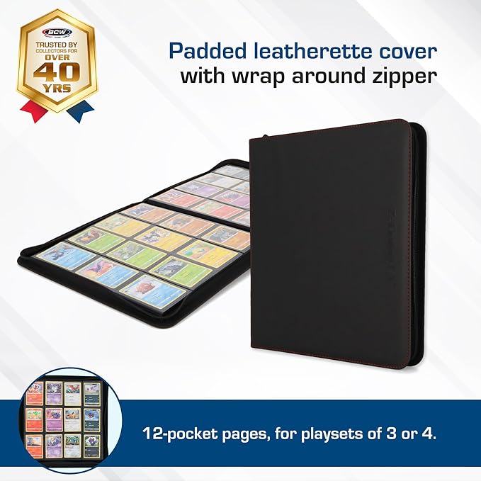 BCW 12-Pocket Zipper-Folio LX Trading Card Binder (Black) | Card Collection Binder with 480 Card Capacity | Archival Safe Pages | Secure Wrap-Around Zipper | Pocket Trading Card Holder Album