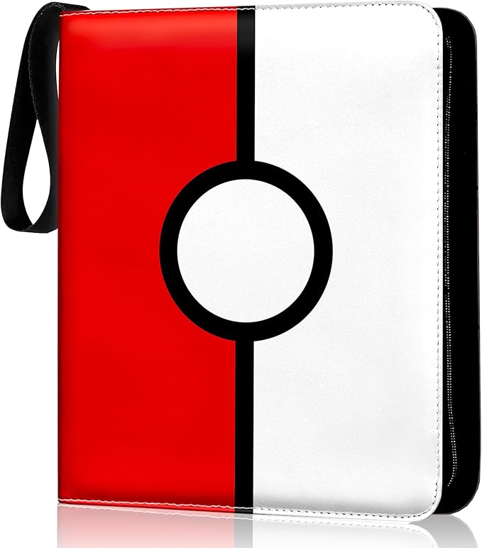 Card Binder 13"x10.5"x1.8", PU Leather Zipper Case with Handle, 9 Pocket Double Sided Pages, Holds 900 Cards, Red White Design, 3 Ring Binder with Velvet Liner for Collectible Cards