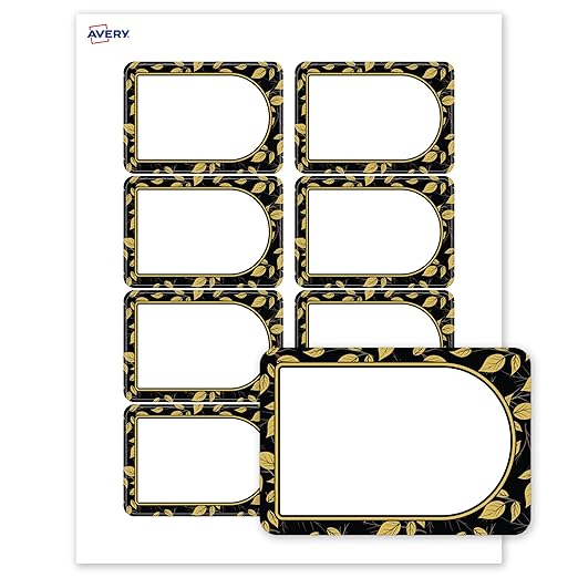 Avery Printable Adhesive Name Badges, 2-1/3" x 3-3/8", Pre-Printed Arched Black Border with Golden Leaves Design, Matte White, Laser & Inkjet Compatible, 80 Total