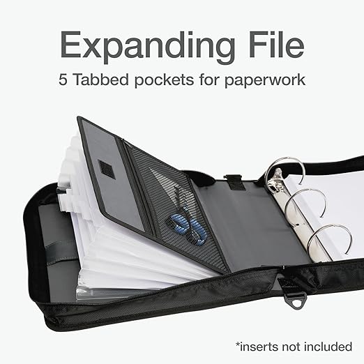 Oxford Zipper Binder with Pockets, 3 Inch Round Rings, Handle and Removable Shoulder Strap, 5-Tab Expanding File, Black & Navy (1006343)