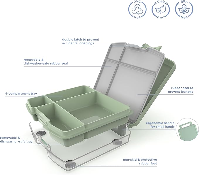 Ubbi Bento Lunch Box for Kids Back to School with 4 Compartments, BPA-Free, Leakproof, Dishwasher Safe, Food-Safe Material, Portion-Controlled Meal Container, Sugar Snap