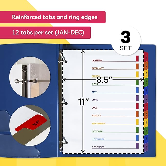 Monthly Dividers for 3 Ring Binder - (Set of 3), 8.5 x 11" Letter Size, Writable A-Z Tabs - Ideal for Organizing Paper at Work, School, or Home