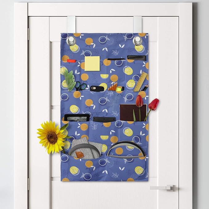 Ambesonne Fruits Hanging Pocket Organizer, Vibrant Oranges and Lemons Silhouettes with Mini Polka Dots, Printed Polyester Storage Bag with Pockets, 21" x 31", Violet Blue Orange