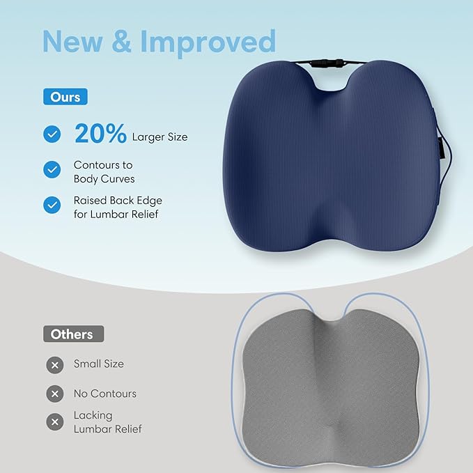 Large Memory Foam Seat Cushion for Office Chair, Car, Desk, Truck & Wheelchair - Tailbone, Coccyx & Sciatica Pain Relief Pillow - Ergonomic Back Support Portable Pad for Long Sitting & Driving