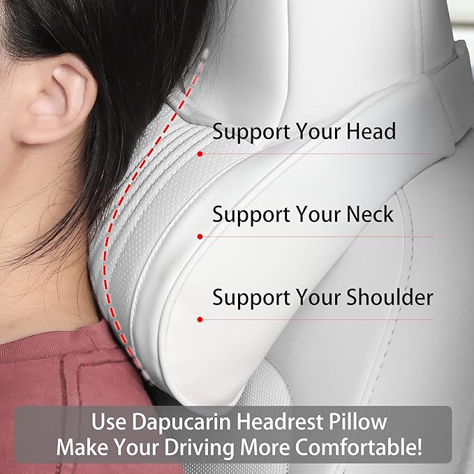 Car Headrest Memory Foam Neck Pillow for Driving with Leather Cover Soft Comfortable Seat Head Pillow Cushion for Most Cars SUV Sedan Home Office, White, 1PC