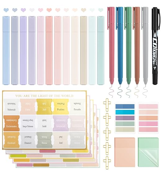 32 Pcs Bible Journaling Kit, Colored Bible Study Supplies, 12 Pastel No Bleed Highlighters and 5 Colored Pens, Transparent Sticky Notes and Bible Tabs Set and More, Book Annotation Kit for Women & Men