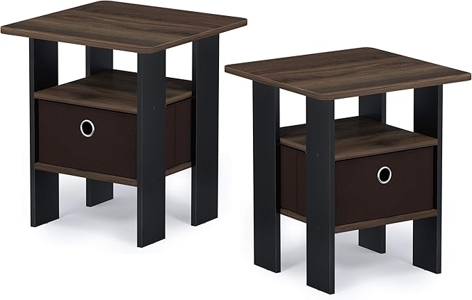 Furinno Andrey Set of 2 End Table / Side Table / Night Stand / Bedside Table with Bin Drawer, Columbia Walnut/Dark Brown