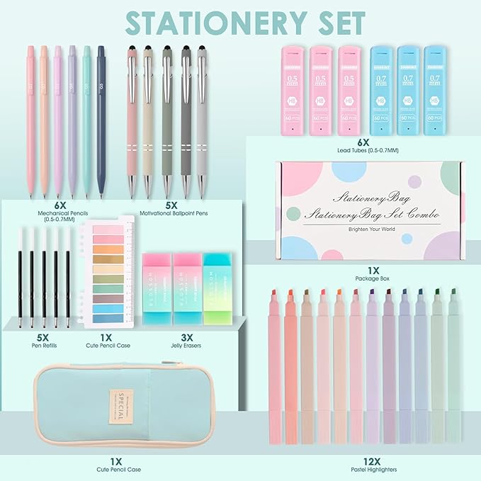 39PCS Aesthetic School Supplies with Cute Pencil Case, 5X Ballpoint Pens with Stylus Tip, 12X Pastel Highlighters, 6X Mechanical Pencil Set 0.5&0.7mm, Suit for Preppy School College Essentials(blue)