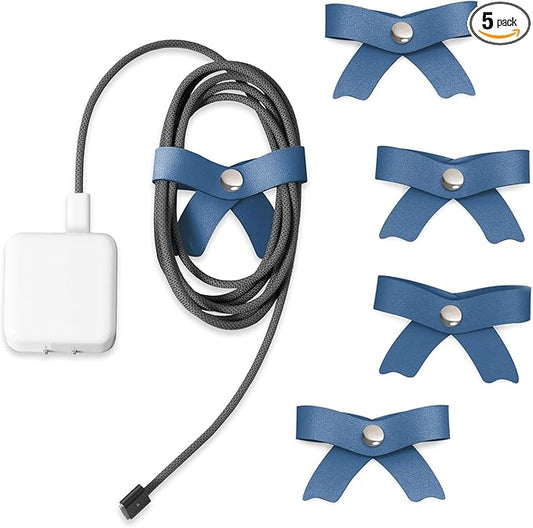 SenseAGE 5 Pack Cord Organizer, Bow Cord Keeper, Cable Organizer USB Holder, Leather Cable Management, Cable Straps, Earphone Winder, Storage Straps for Electronics, Earbuds, Big, Random Blue