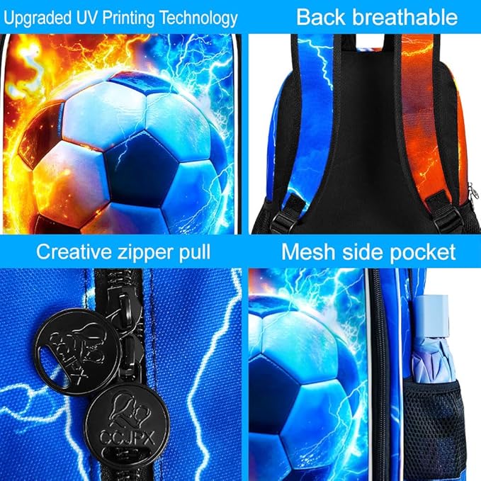gxtvo 3PCS Soccer Backpack for Kids, 17" Boys Bookbag with Lunch Box, Water Resistant Middle Elementary School Bag - Fire & Lightning Soccer