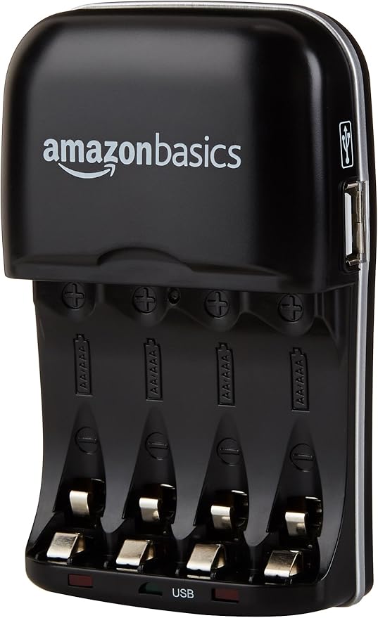 Amazon Basics Rechargeable Battery Charger for AA & AAA Ni-MH Batteries with USB Port, Portable, Travel-Friendly, Over-Charge Protection, Black