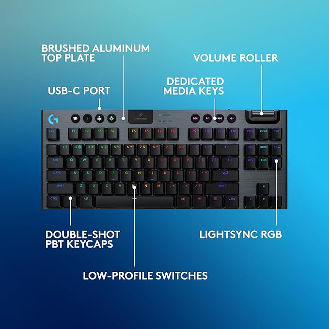 Logitech G915 X Lightspeed TKL Low-Profile Wireless Gaming Keyboard, Double-Shot PBT Keycaps, Fully Programmable Keys, RGB Backlighting, Sleek Aluminum Finishing, GL Blue Clicky - PC/Mac - Black