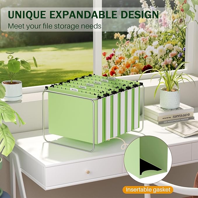 Green Hanging File Folders, 2" Expandable Green File Folders Hanging, Hanging Folders, Expanding Hanging File Folder, Plastic Hanging Files Folders with Tabs & Expandable Bottom, Lette Size, 12 Pack
