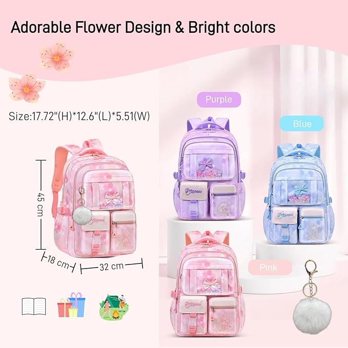 Kids Backpack School Bags for Girls, Cute Princess Backpack Multi-pocket Elementary School Students Bookbag for Girls, Pink