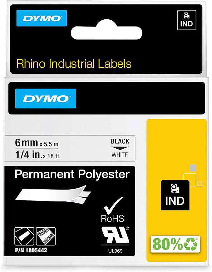 DYMO Rhino Industrial Permanent Polyester Labels, 1/4", Black Print on White Tape
