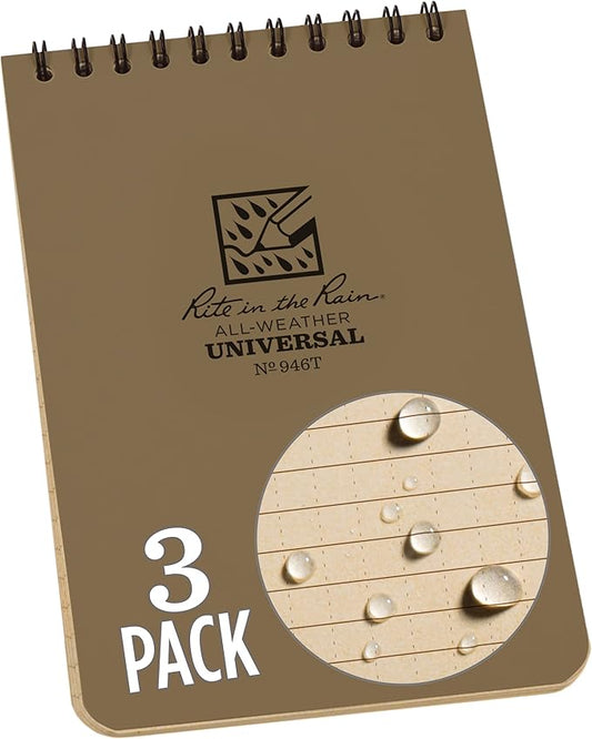Rite in the Rain Weatherproof Top-Spiral Notebook, 4" x 6", Tan Cover, Universal Pattern, 3 Pack (No. 946T-3)