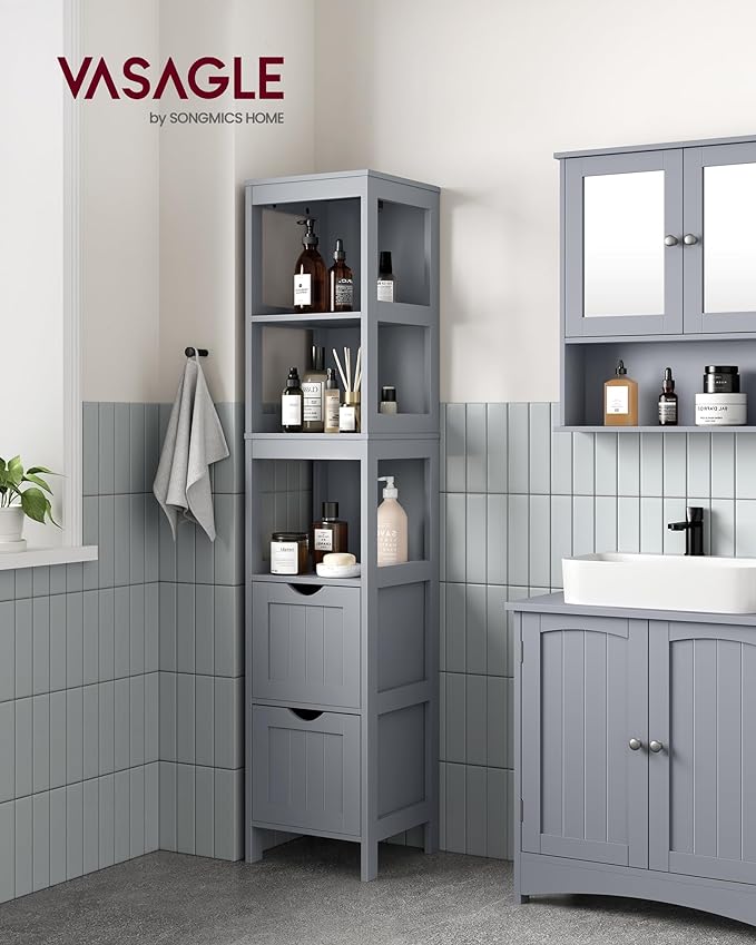 VASAGLE Storage Cabinet, Storage Organizer Rack Stand for Bathroom, Living Room, Bedroom, Multifunctional Corner Unit, 2 Drawers, 55.7 Inches in Height, Dove Gray UBBC066G02