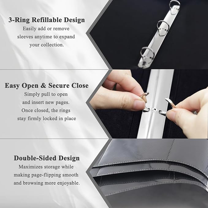 Trading Card Binder, 3-Ring 9-Pocket Zipper Binder for Baseball Cards, Sports Cards, TCG/CCG (MTG, Football, Basketball), 20 Black Leatherette Sheets, Side Load (Yellow, O-Ring)