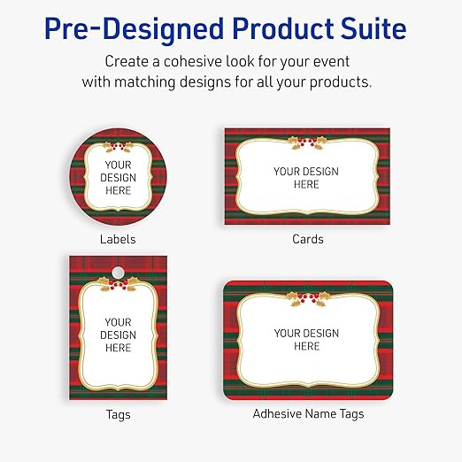Avery Printable Christmas Adhesive Name Badges, Rectangle, 2-1/3" x 3-3/8", Pre-Printed Red & Green Plaid with Metallic Gold Frame Design, Matte White, Laser & Inkjet Compatible, 80 Total