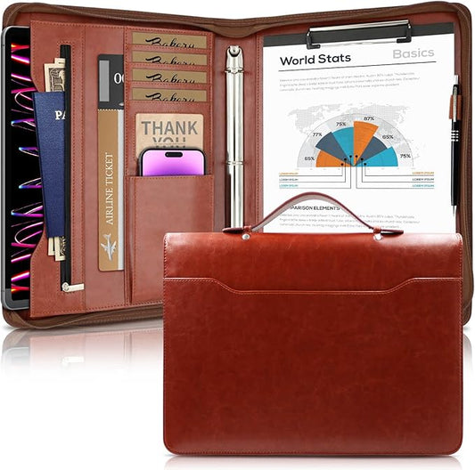 Faux Leather Portfolio Binder with Handle & Clipboard, Zippered Padfolio Folder Organizer 3 Ring Binder for Document, Business Card Holder,Professional Portfolio Notebook for Men & Women (Brown)