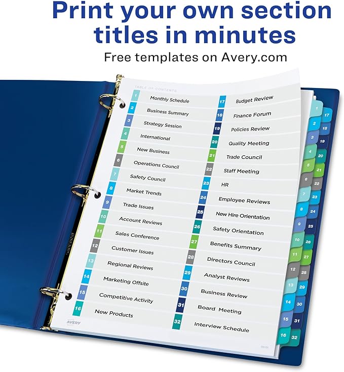 Avery Double Column Dividers for 3 Ring Binders, 32 Tabs per Set, Customizable Table of Contents, Multicolor Tabs, Great for Organizing Reports, Projects, and More (11322)
