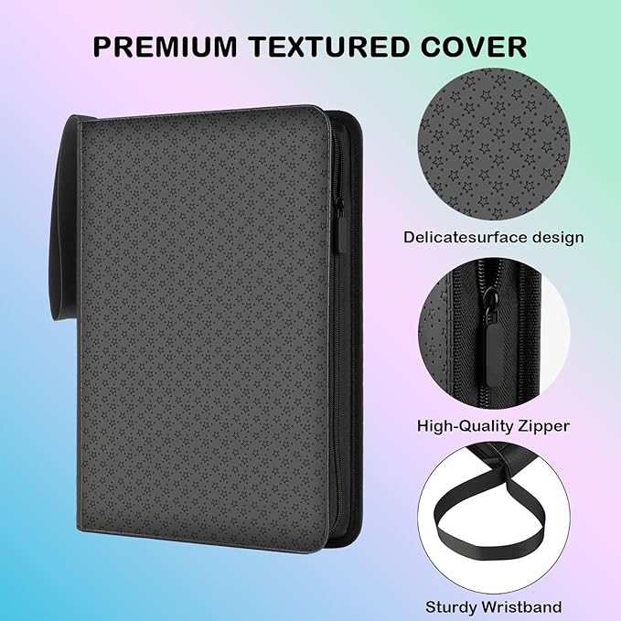 Card Binder 9 Pocket - 432 Cards, Premium Durable & Rigid PU Leather, 24 Page Zippered Side-Loading for Baseball, TCG, Trading & Sports Cards (Professional Black)