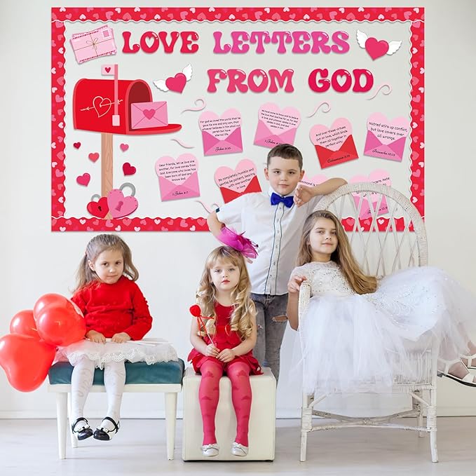 Valentine's Day Christian Bulletin Board Set Religious Mailbox Classroom Decor Bible Verse Inspirational Quotes Love Letters Cutouts Heart Bulletin Board Border for Sunday School Church VBS Wall Decor