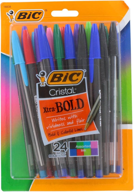Bic Cristal Xtra Bold Stick Ballpoint Pens, 1.6mm, Bold Point, Assorted Colors, Pack of 24
